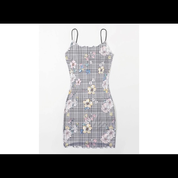 NEW Plaid Floral Lettuce Trim Bodycon Dress. - Picture 2 of 7